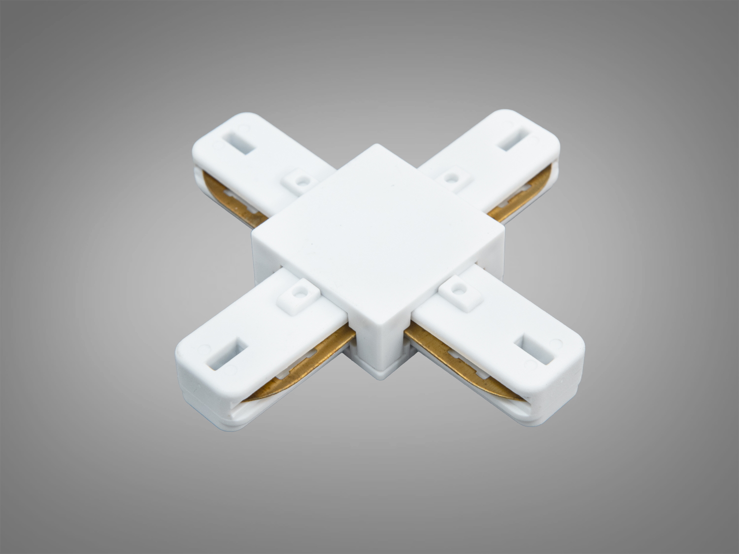 Білий X‑з′єднувач Diasha 1003 для трекових систем 220 В. Створює акуратне хрестове розгалуження з надійною фіксацією гвинтами.