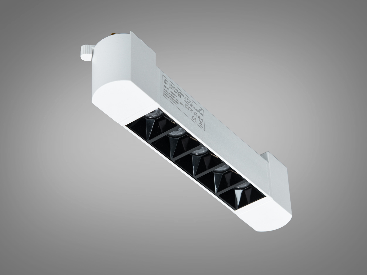 Лінійний поворотний трековий LED світильник 8 Вт для 220 В треку. Білий корпус, 4000К нейтральне світло, кут 24° для акцентного підсвічування.