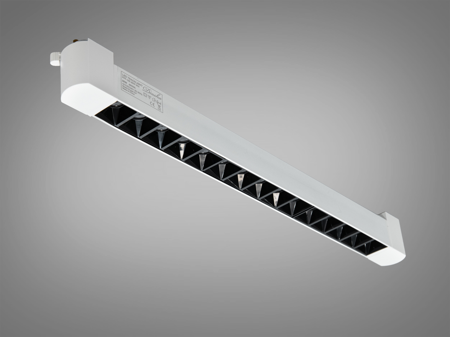 Лінійний поворотний LED трековий світильник 34Вт, 24°, 4000К, білий металевий корпус. Монтаж на шинопровід 220 В, для акцентного підсвічування в офісі й торгових залах.