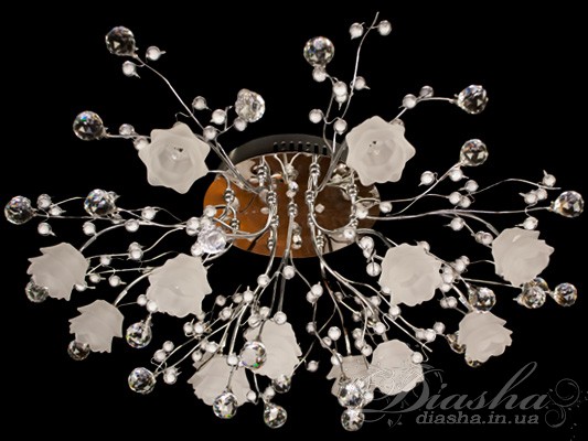 Представлена ​​тут галогенна люстра з LED підсвічуванням змушує по-новому поглянути на весь інтер'єр Вашого будинку в цілому. Довгоочікуване оновлення серії люстри модерн наповнить Ваш будинок м'яким роматічним світлом.
Нові світильники з діодним підсвічуванням подарують Вам феєричне відчуття домашнього щастя, вдихнуть трошки свята серед сірих буднів, стануть справжньою окрасою Вашої квартири. Світильники модерн відмінно впишуться в будь-який інтер'єр, будь то спальня або вітальня, офіс або елітний ресторан. Витонченість ліній, оригінальний дизайн, дивовижні кольору діодів - Ви залишитеся задоволені. 
Діодне підсвічування в галогенових люстрах має наступні режими: перелив - плавний перехід синій-рожевий-червоний-рожевий-синій, зміна кольорів - синій-рожевий-червоний горять за вибором від 1 до 5 секунд, а також зупинений колір. Все управління світлодіодами проводиться за допомогою однієї кнопки на пульті .