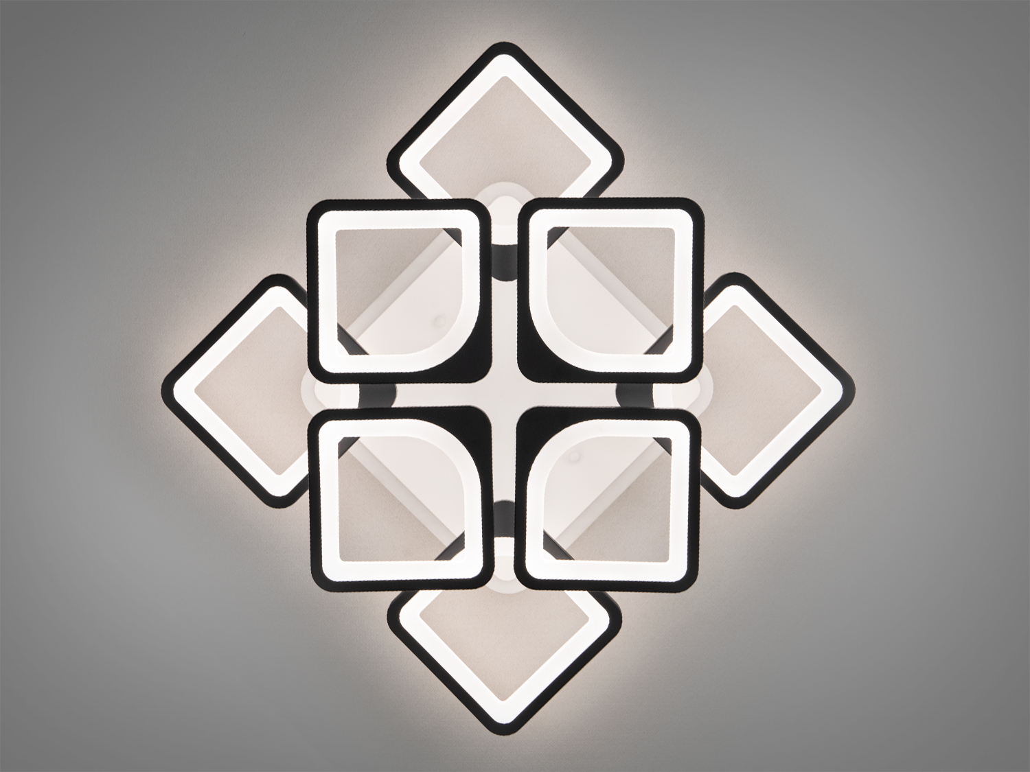 Акрилова лед люстра чорного кольору у вітальню - це ідеальне поєднання сучасного дизайну та функціональності, яка надає приміщенню неповторної атмосфери. Її форма є елегантною композицією з восьми геометричних елементів: квадратів і ромбів з чіткими лініями.