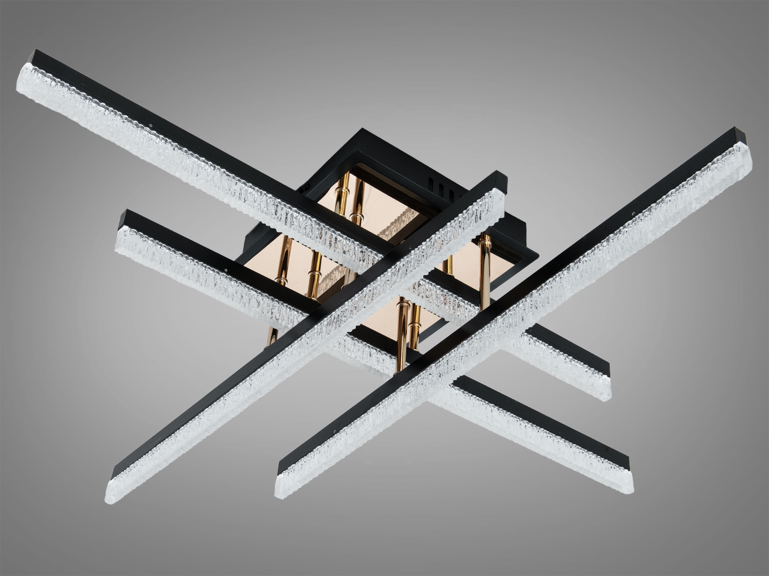 Світлодіодна стельова люстра чорного кольору 60Вт для кімнат до 10 м² з перехресними LED-планками і акриловими розсіювачами для рівномірного світла.