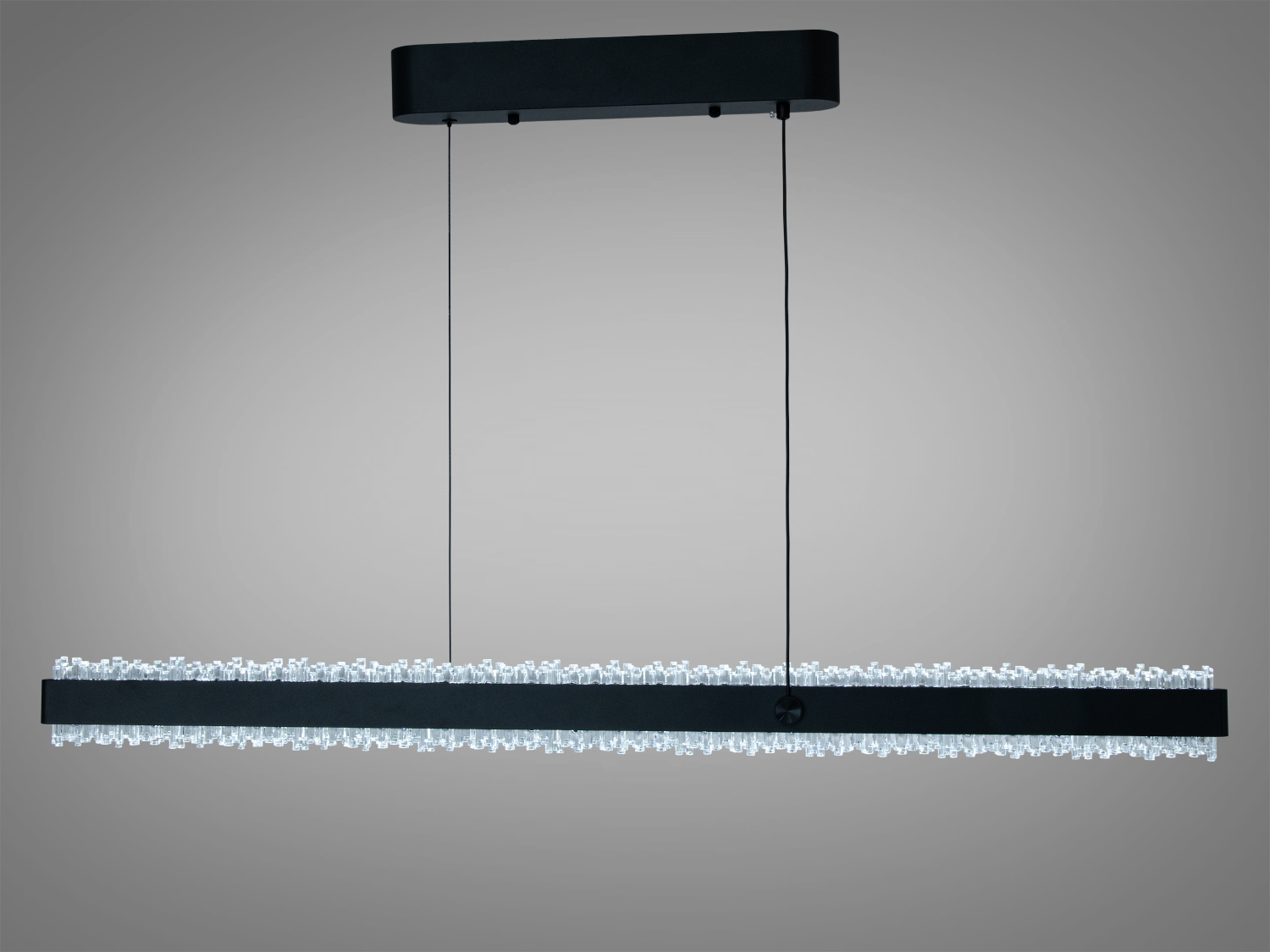 Світлодіодна підвісна люстра 52 Вт чорного кольору з кристалами для кімнат до 9 м². Лінійний дизайн, рівномірне світло, керування від вимикача.